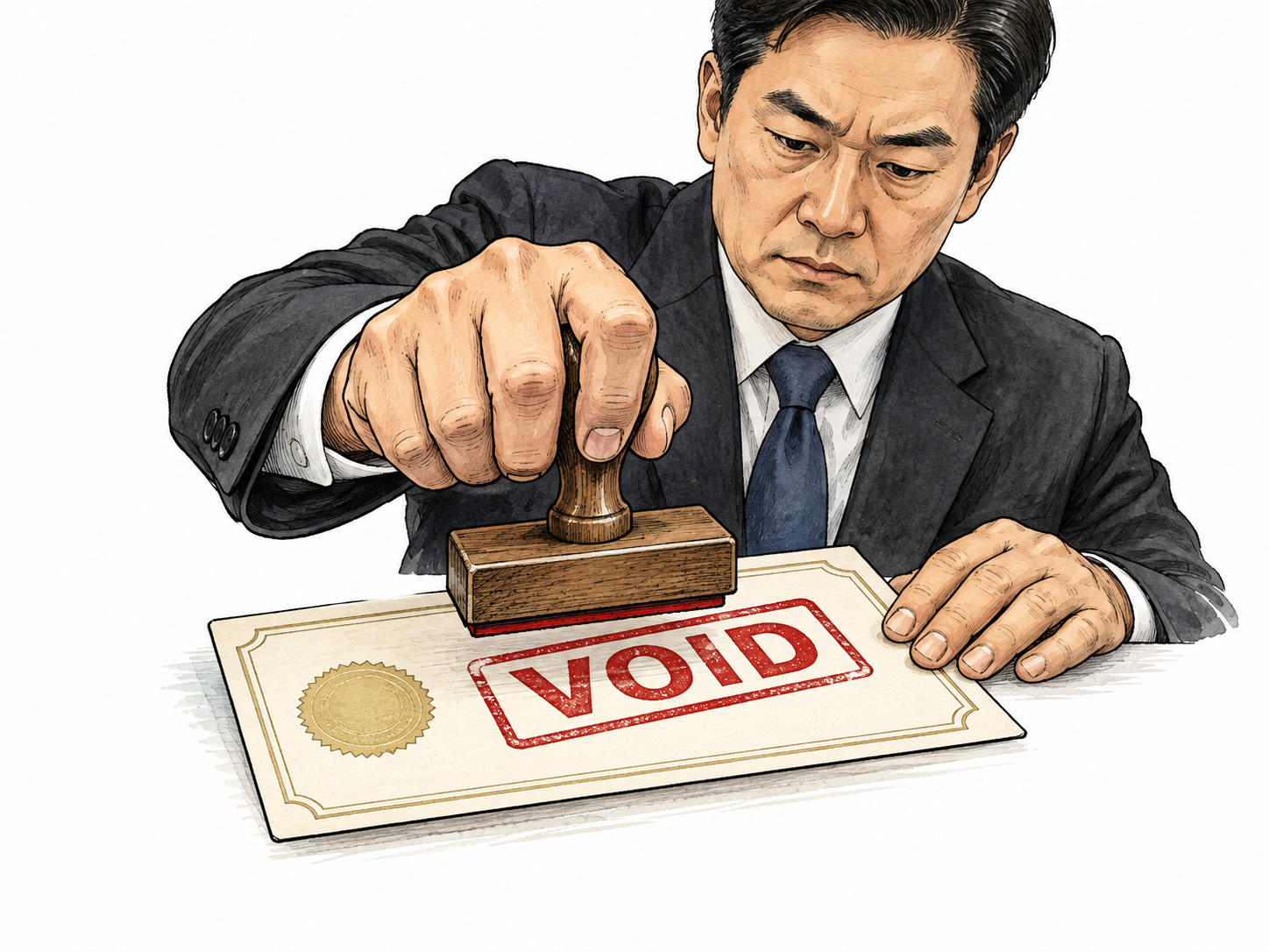 An adult official presses a stamp reading VOID onto a permit card, making it invalid.