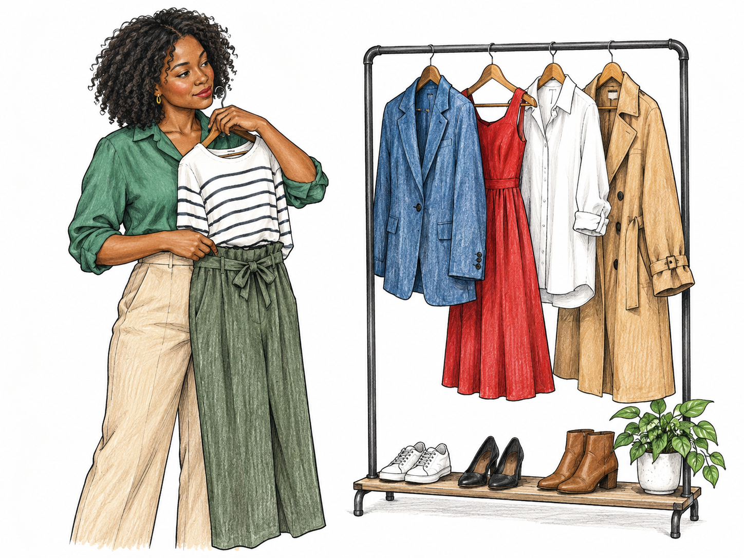 Woman considers her small collection of varied clothes neatly hung on open rack: blue jacket, red dress, white shirt and tan coat; she holds a second outfit against herself, collection emphasized rather than closed cupboard.