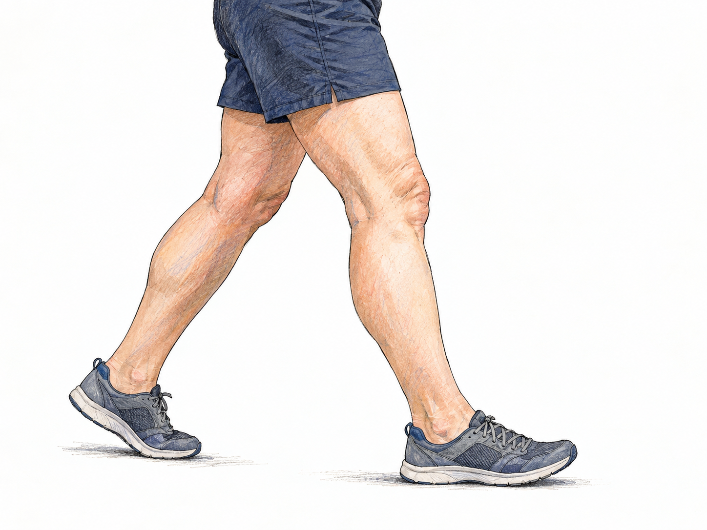 A close side view of a woman's lower body taking a walking step, with one complete bare leg clearly visible from shorts hem through knee, calf, ankle and foot.