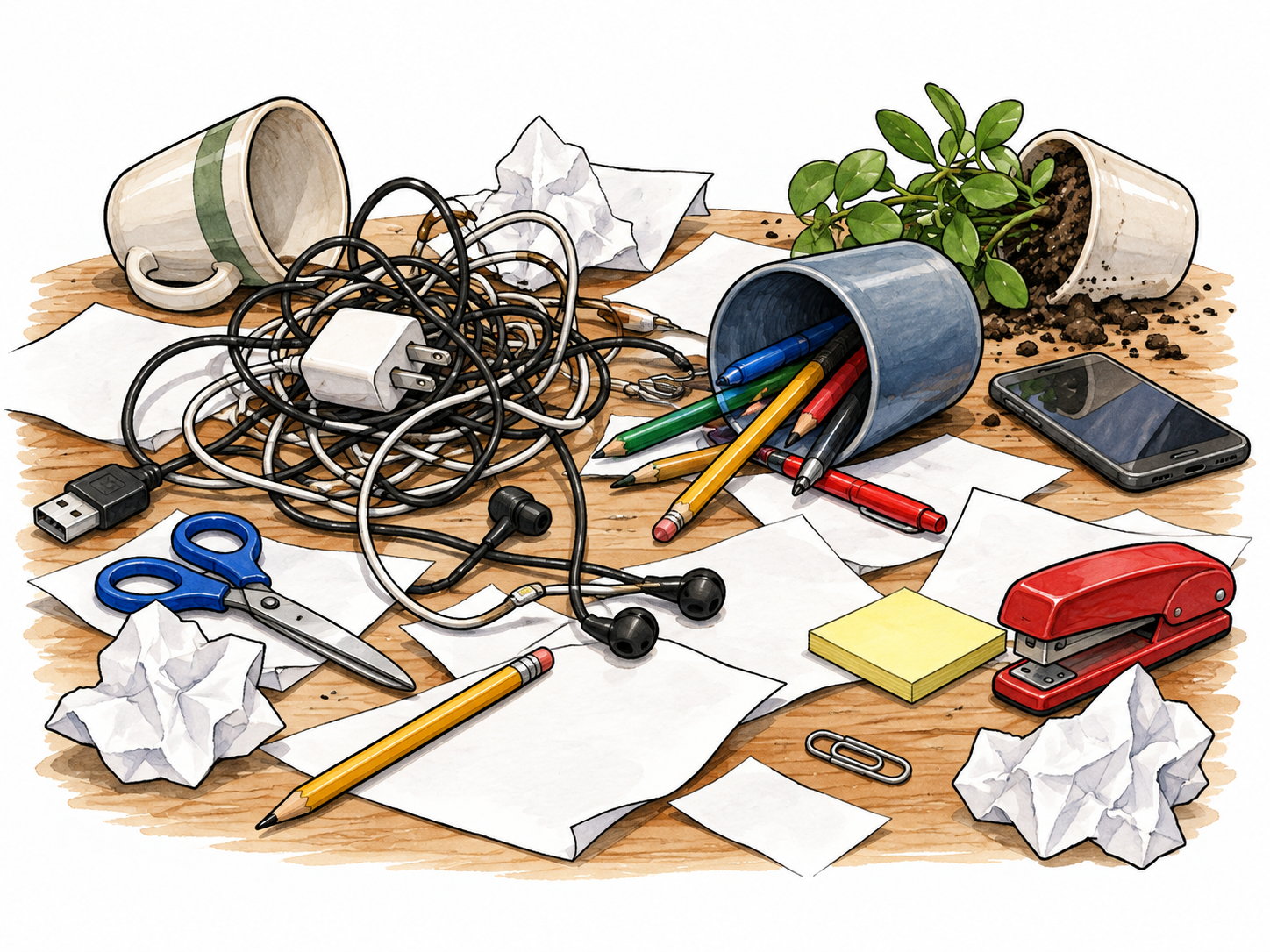Disordered worktable with tangled cords, scattered blank papers, overturned pencil cup and mismatched objects, obvious confusing mess.