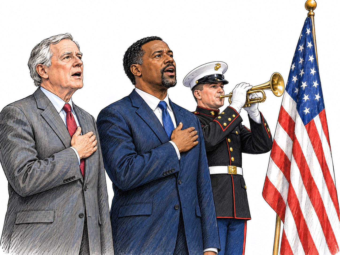 Two men stand respectfully with their right hands over their hearts, singing toward a United States flag at a formal ceremony.