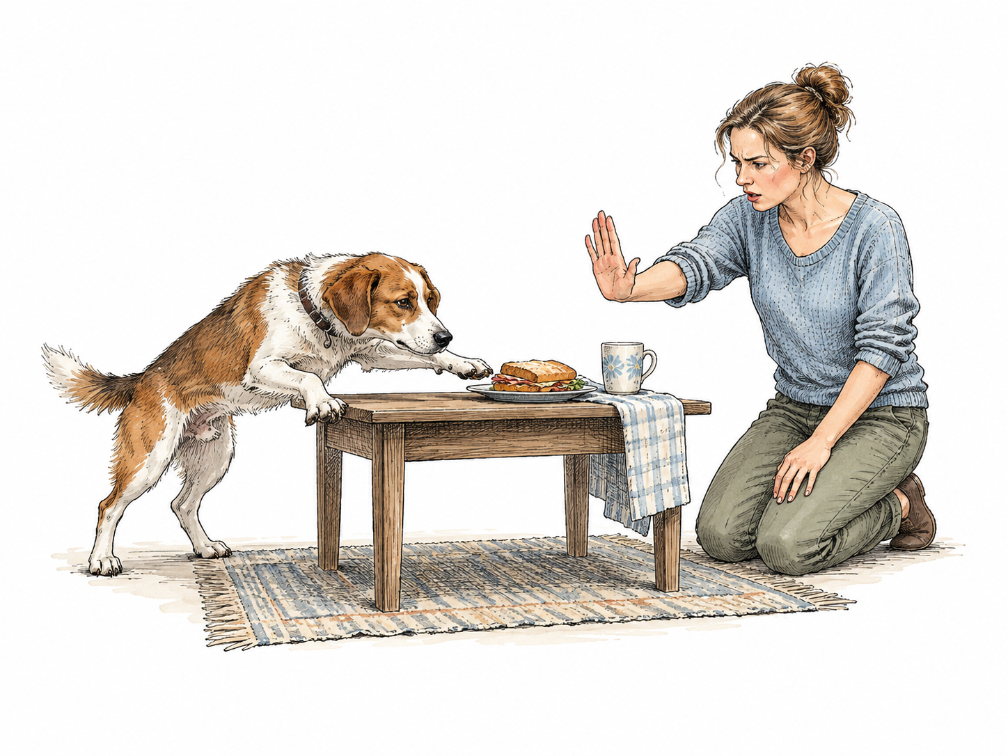 Dog deliberately reaches for forbidden food on low table while owner gives clear stop hand, dog ignores cue; disobedient behavior without harsh punishment or text.