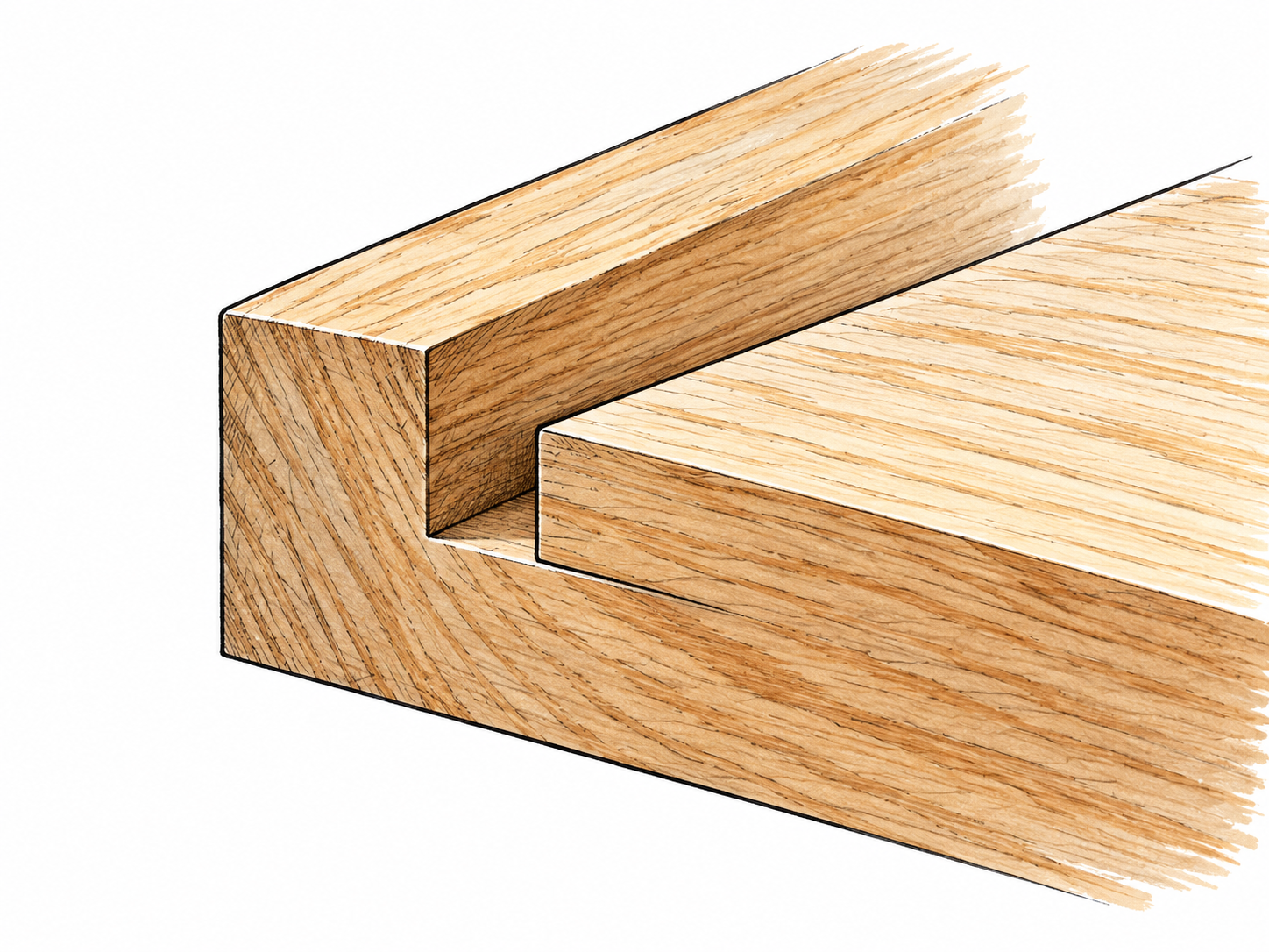 Close view of a wooden board edge with a clean step-shaped rabbet cut, mating board fitting neatly into the recess.