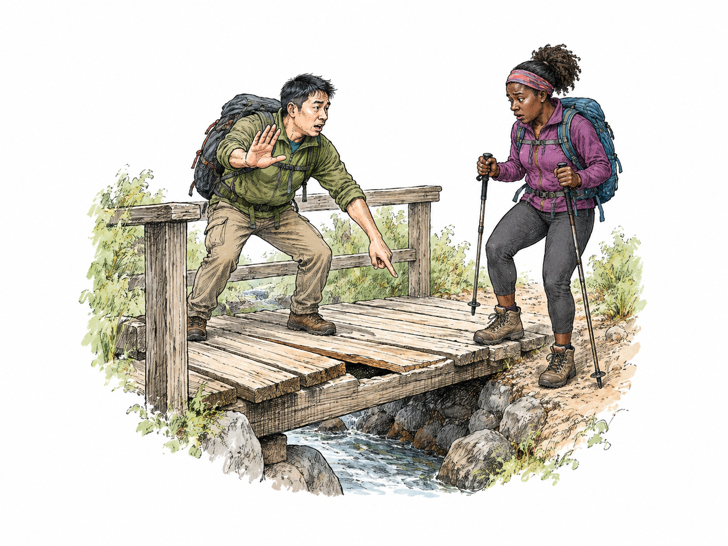 A hiker urgently raises a stopping hand and points out a loose broken board on a small footbridge before another hiker steps onto it; alert faces make warning clear.