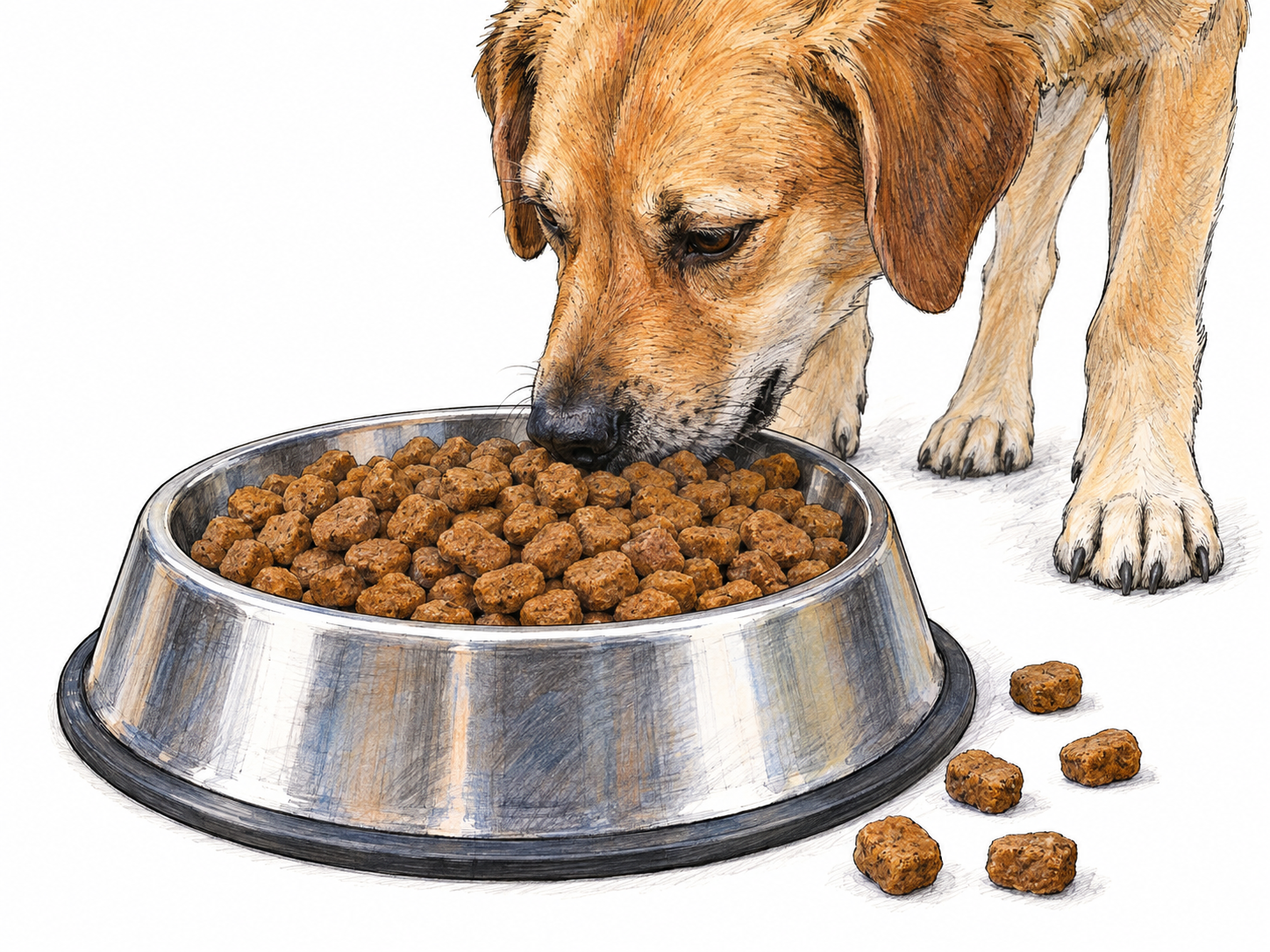 A pet-food bowl filled with visibly dry brown pellets, with a few pellets scattered in front and a dog eating from the bowl.