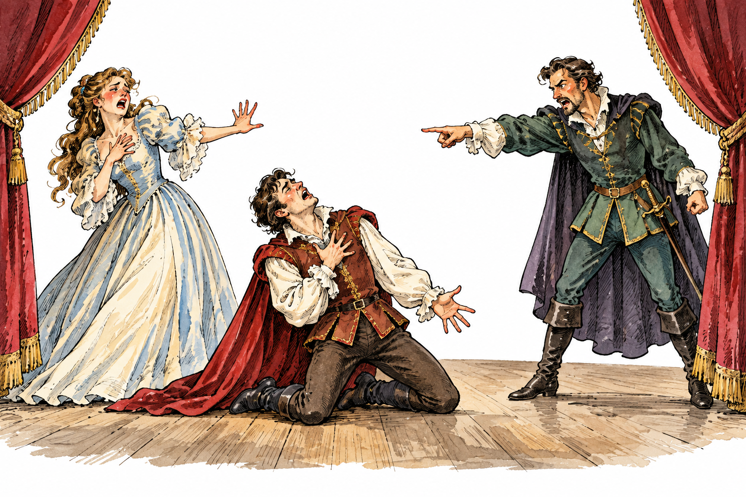 A small theater scene with velvet curtain edges: one actor falls to their knees clutching their heart, another recoils with exaggerated sorrow, a third points accusingly; oversized emotional gestures and obvious theatrical conflict.