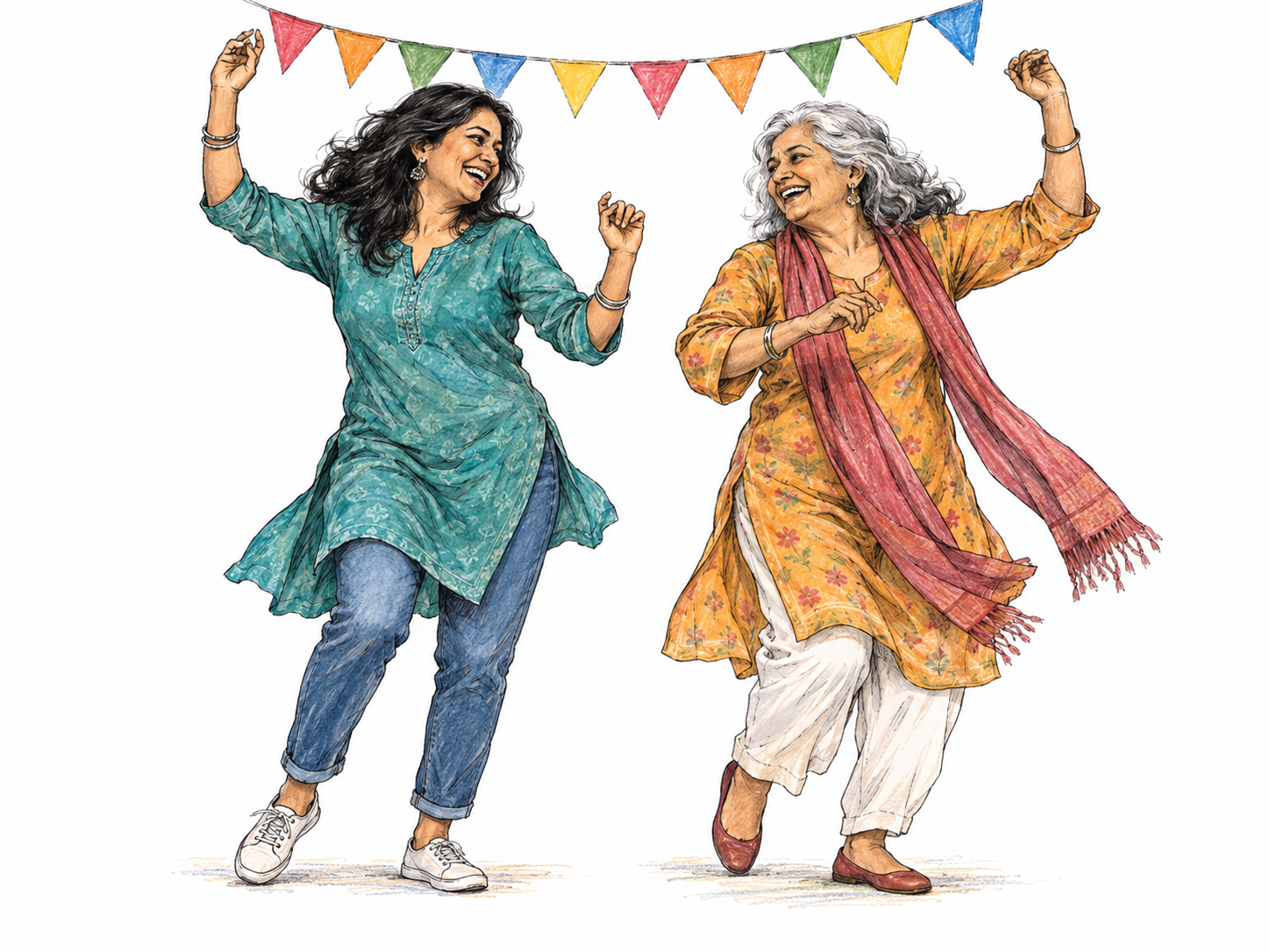 Two women laughing and dancing together beneath a short strand of colorful bunting, visibly sharing lively festive pleasure.