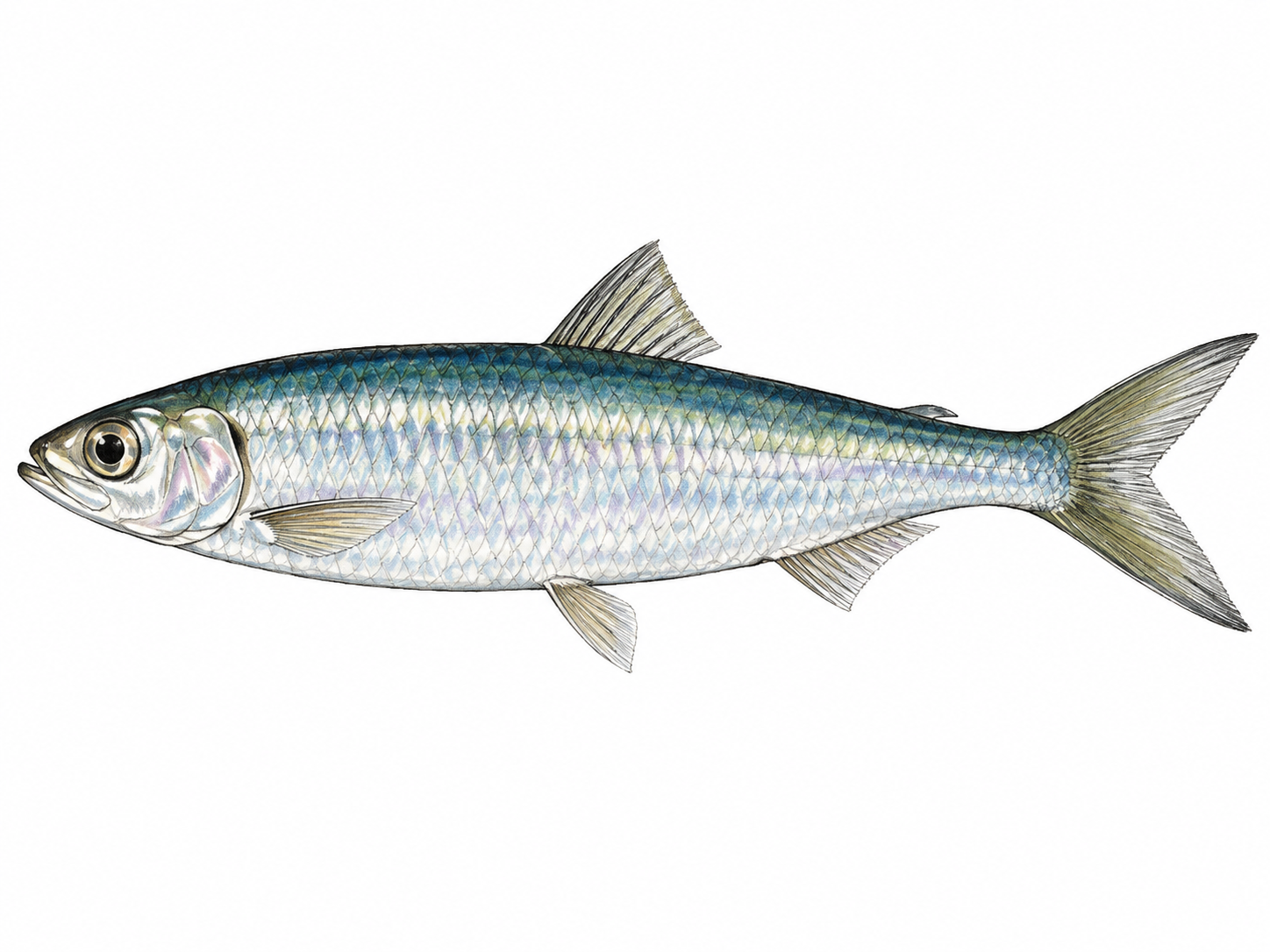 Single European sprat side profile, slender small marine clupeid fish, silvery flanks, blue-green back, one dorsal fin midway, deeply forked tail, small slightly projecting lower jaw, realistic fish anatomy on white with restrained ink/pencil scales, no water background.