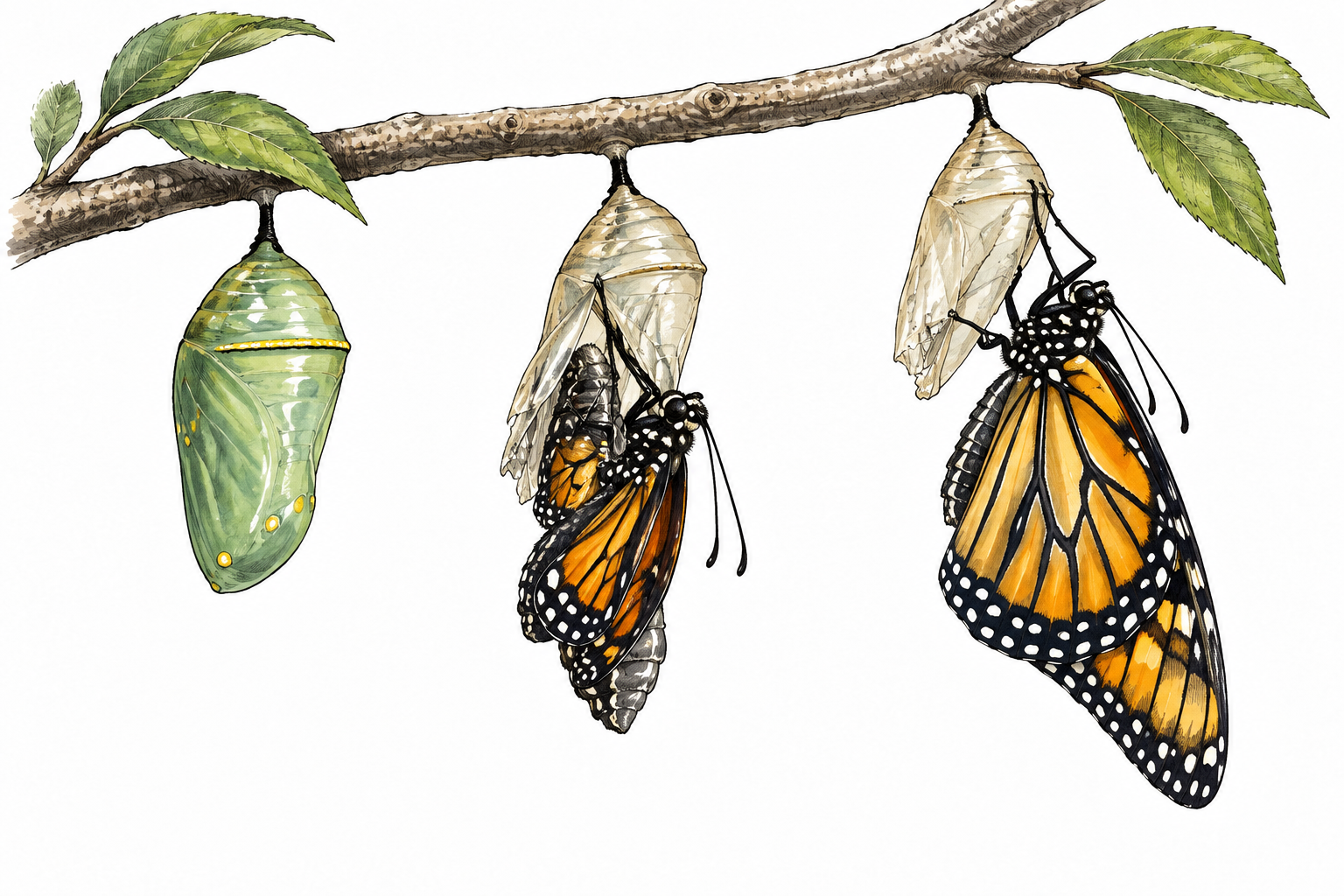 Three successive stages of a butterfly emerging from its chrysalis, natural process.