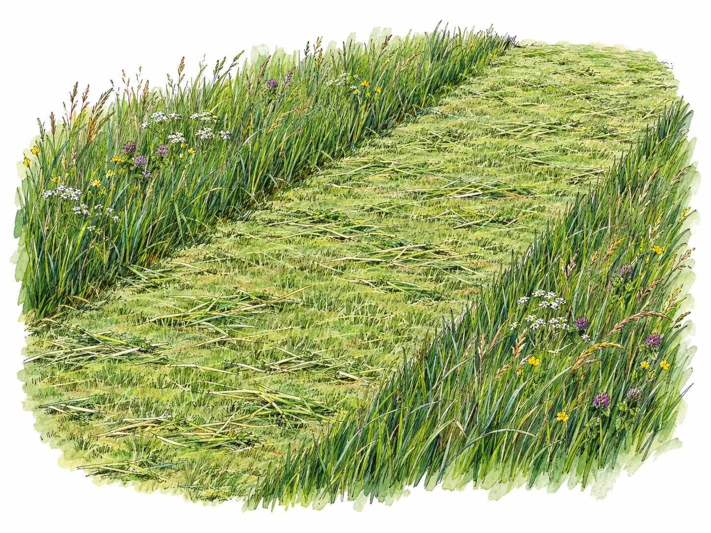 A broad, freshly mown strip runs through tall meadow grass, with clearly defined parallel edges and scattered cut stems visibly distinguishing the swath from a bare path.