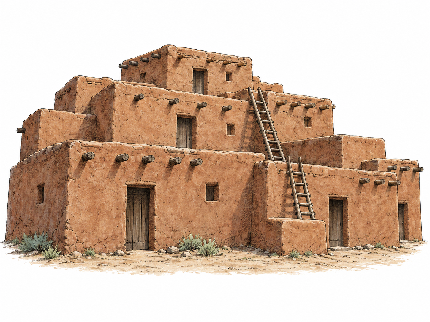 A compact historically plausible Pueblo communal adobe dwelling: connected reddish-brown mud-plastered rooms in a stepped-back multi-storey block, flat roofs with projecting timber vigas and two plain wooden ladders linking terraces; small dark openings, no decorative fantasy motifs, modern signage or people.
