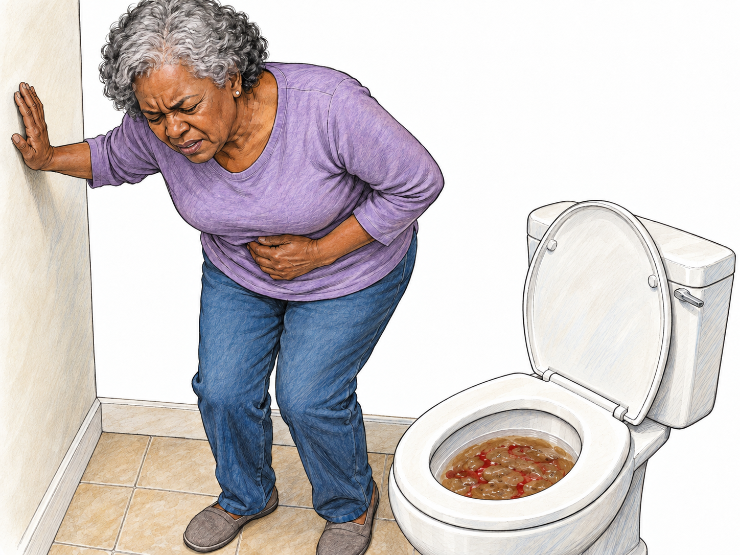 An older woman with abdominal cramps bends beside an open toilet containing watery stool with a small amount of visible blood, directly depicting the defining symptoms of dysentery.