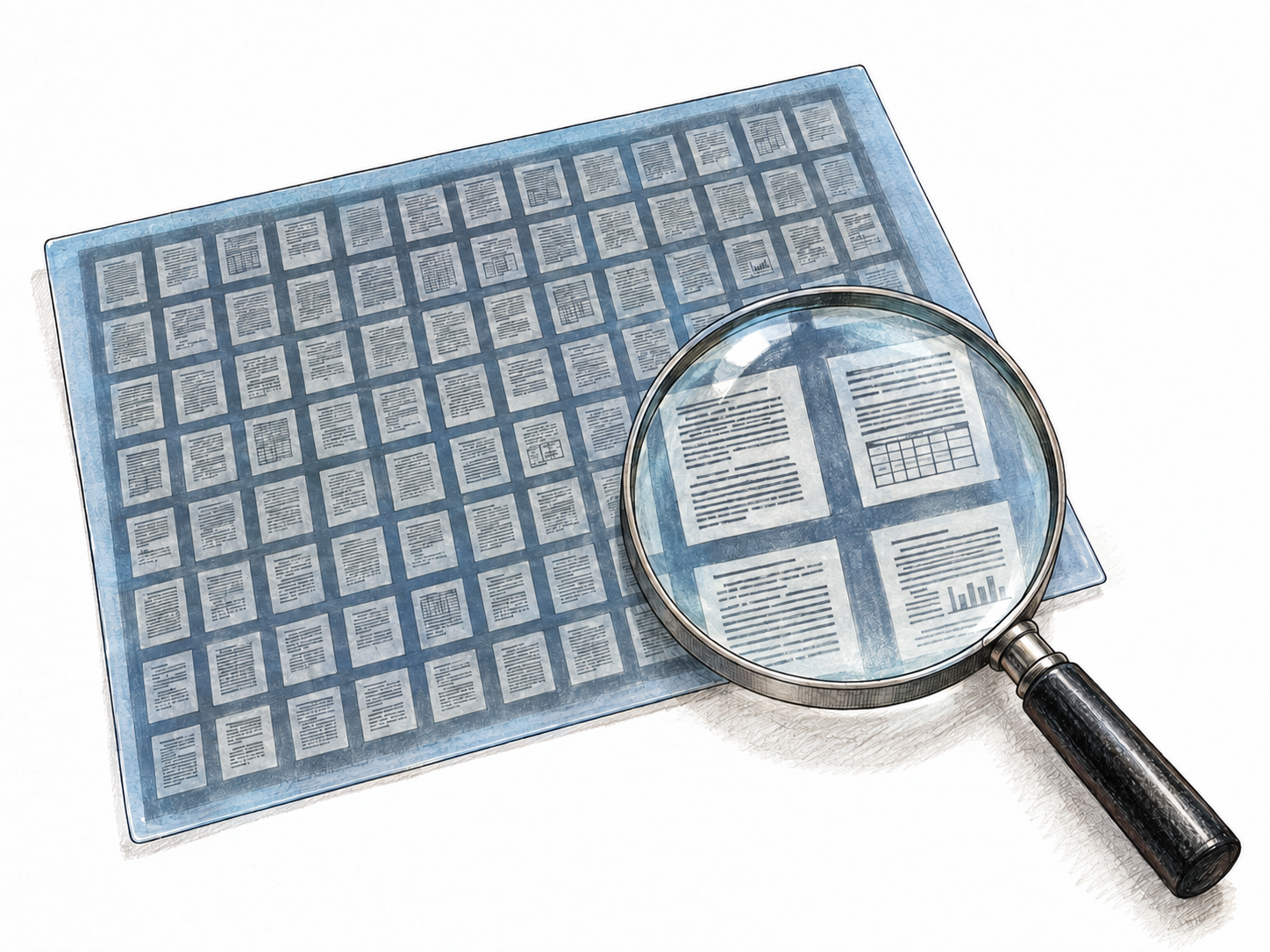 A small translucent microfiche sheet with an orderly grid of miniature document pages, one portion enlarged through a magnifying glass to make the reduced document images recognizable.