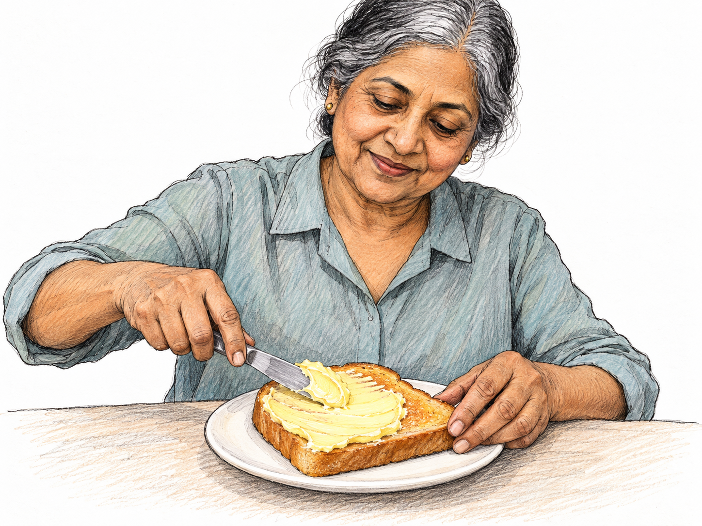 An older South Asian woman uses a butter knife to spread a conspicuously thick layer of butter over a slice of toast, leaving creamy ridges that clearly show generous application.