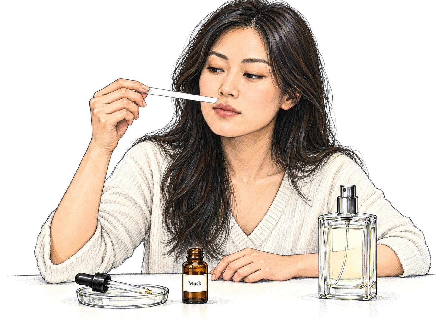 Show musk as an identified concentrated fragrance being evaluated during perfume blending.