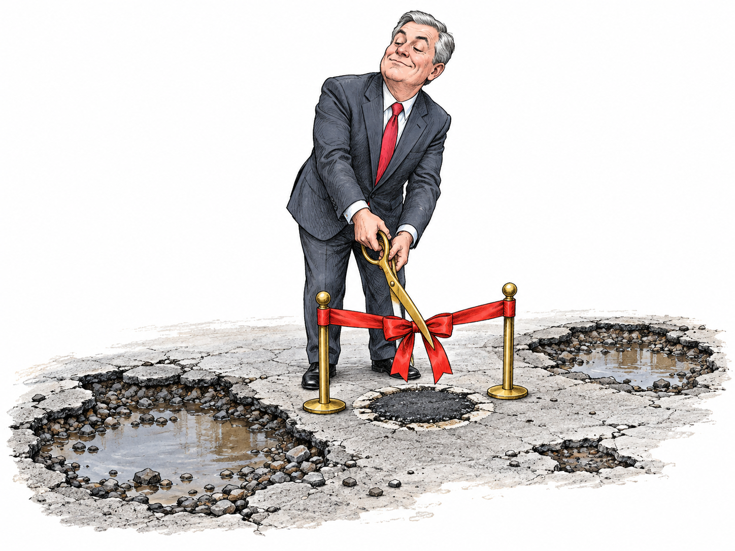 Humorous editorial vignette: self-important official ceremonially cuts huge ribbon around a tiny repaired pothole while larger potholes remain beside it, exposing misplaced civic priorities.