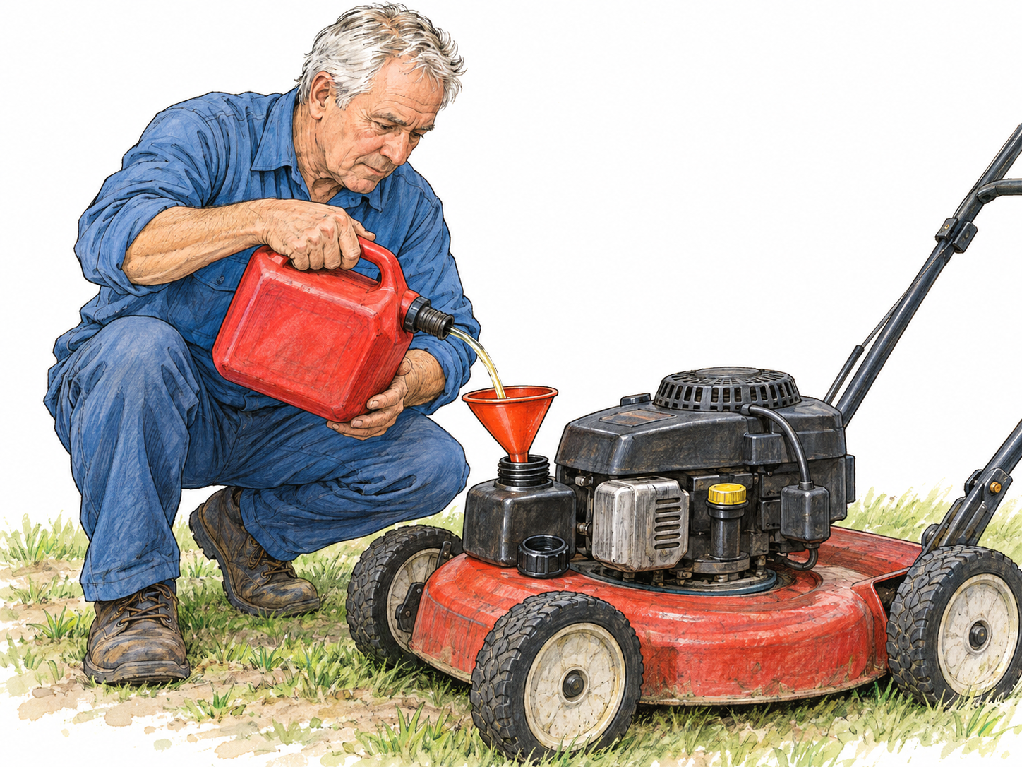 A close view of petrol being poured from a portable fuel can into the fuel tank of a small petrol-powered lawn mower, with the pale liquid stream clearly visible.