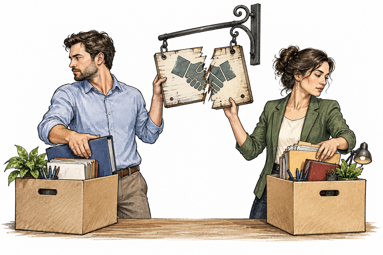 Two partners remove a joint business sign and separate their shared files into two boxes, clearly ending their partnership.