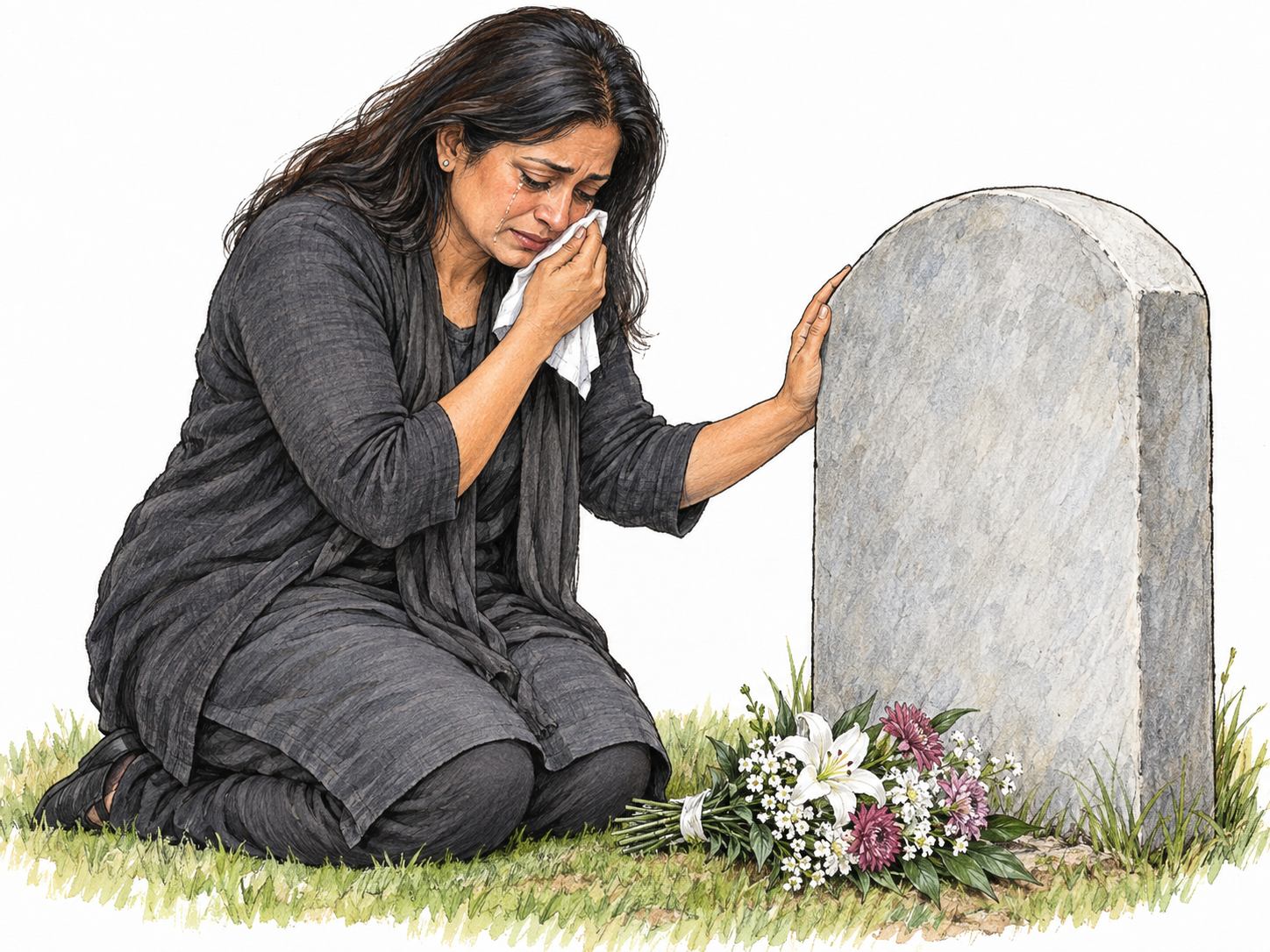 A visibly grieving woman kneels beside a grave, tears on her cheeks and shoulders bowed, resting one hand on the headstone with flowers laid at its base.