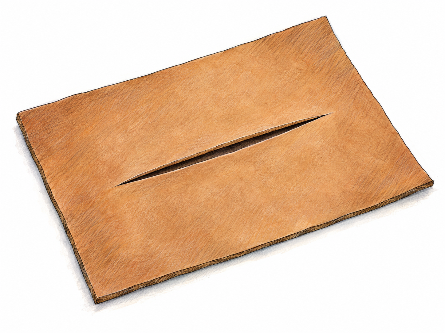 A close-up of a plain sheet of tan leather with one long, very narrow cut through its center, its slightly parted edges revealing a dark interior.