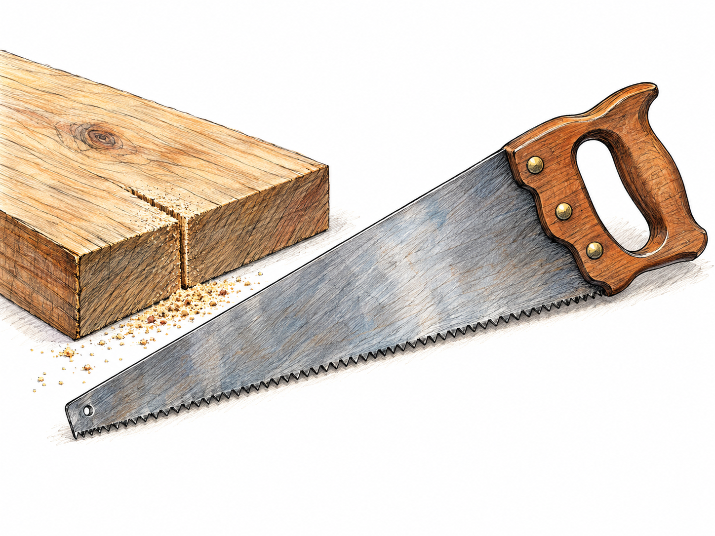 A recognizable hand saw with a broad steel blade, prominent serrated cutting edge, and wooden grip, resting beside a partially cut wooden board.