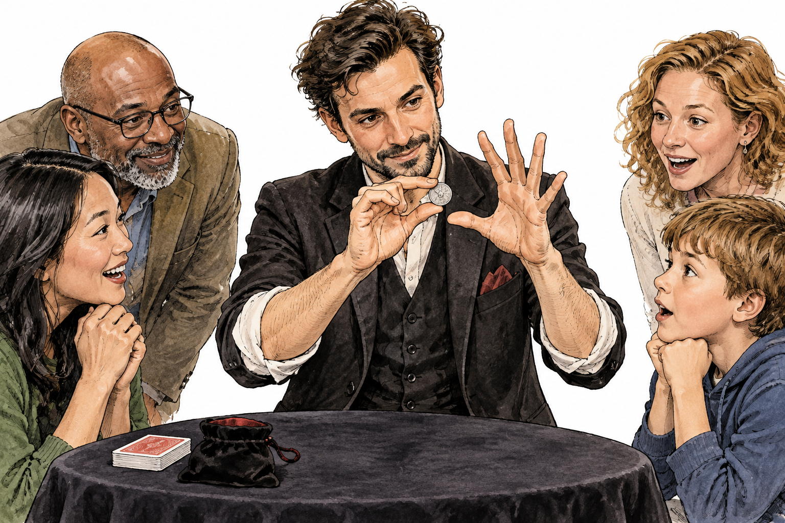 A stage magician performing close-up sleight of hand with a coin apparently disappearing between dexterous fingers, audience watching closely, realistic hands, unlettered props.
