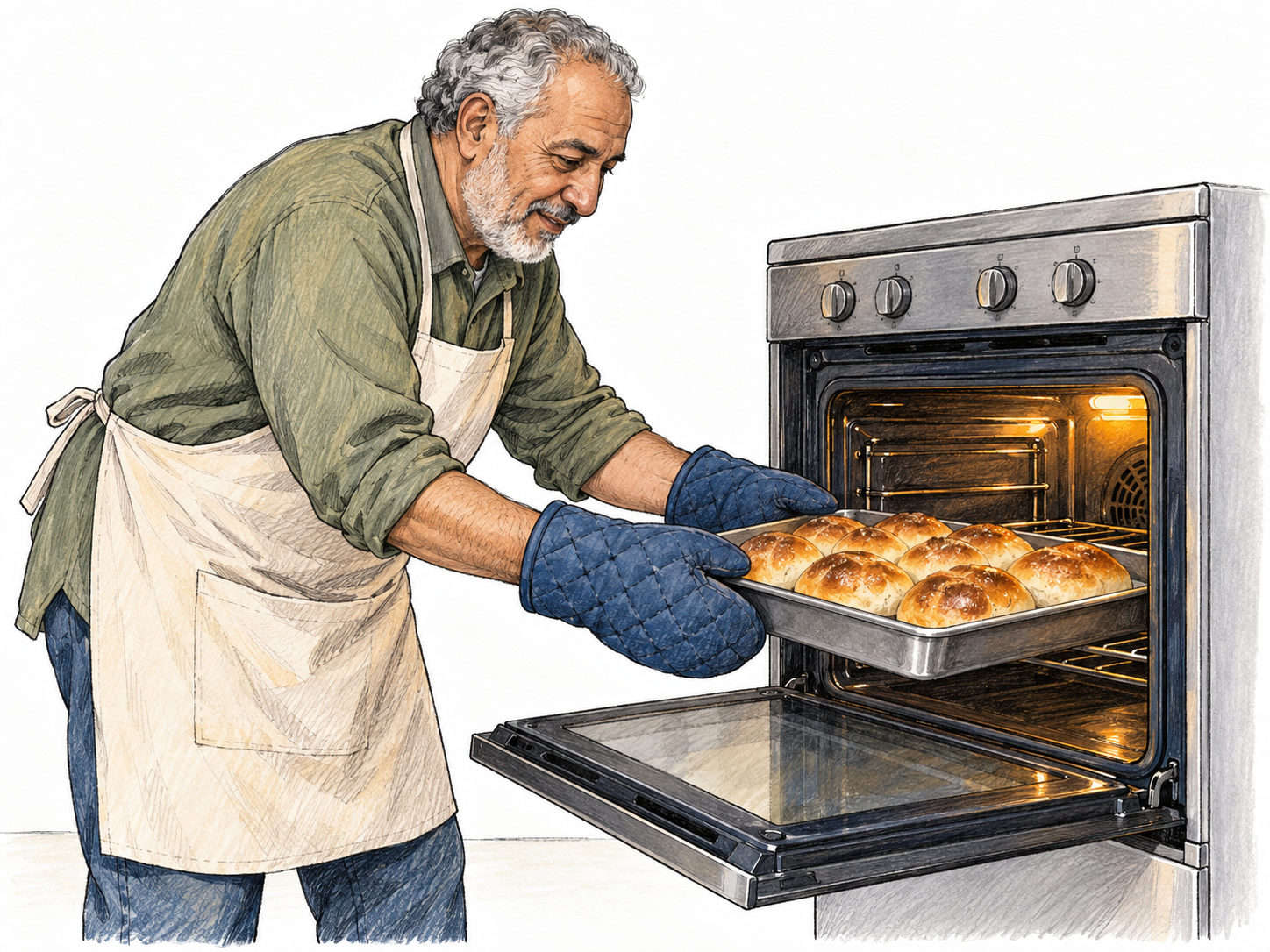 An older man uses oven mitts to slide a tray of golden bread rolls out of a domestic oven, with the tray still partly inside the heated oven cavity.