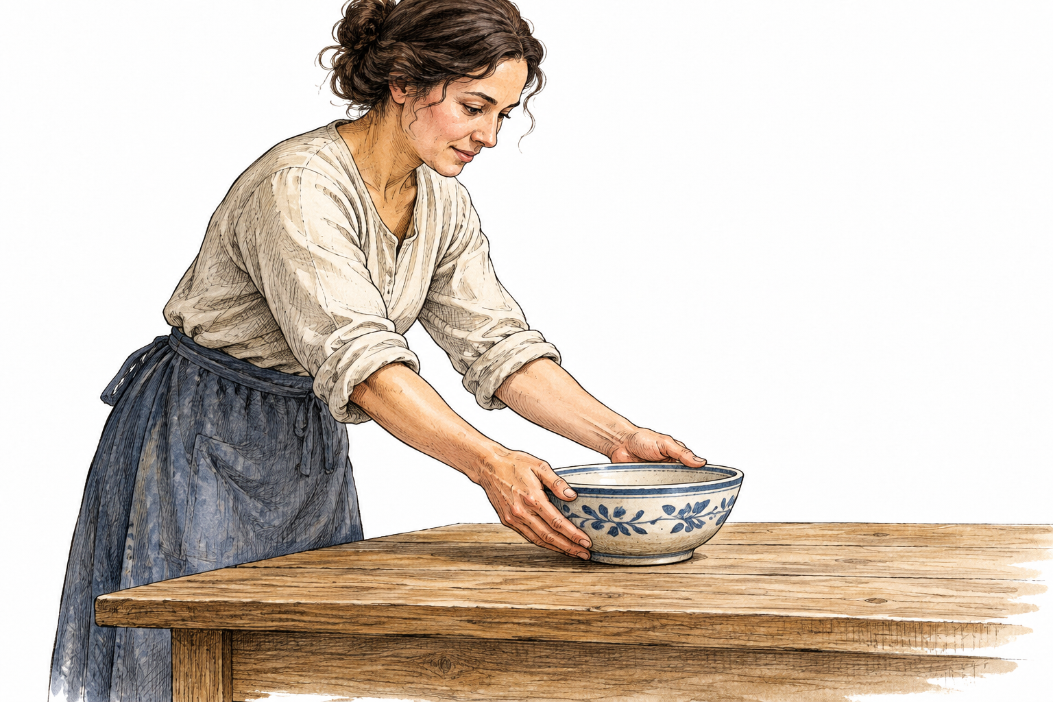 An adult carefully lays a ceramic bowl flat onto a table, clear placing-down gesture.