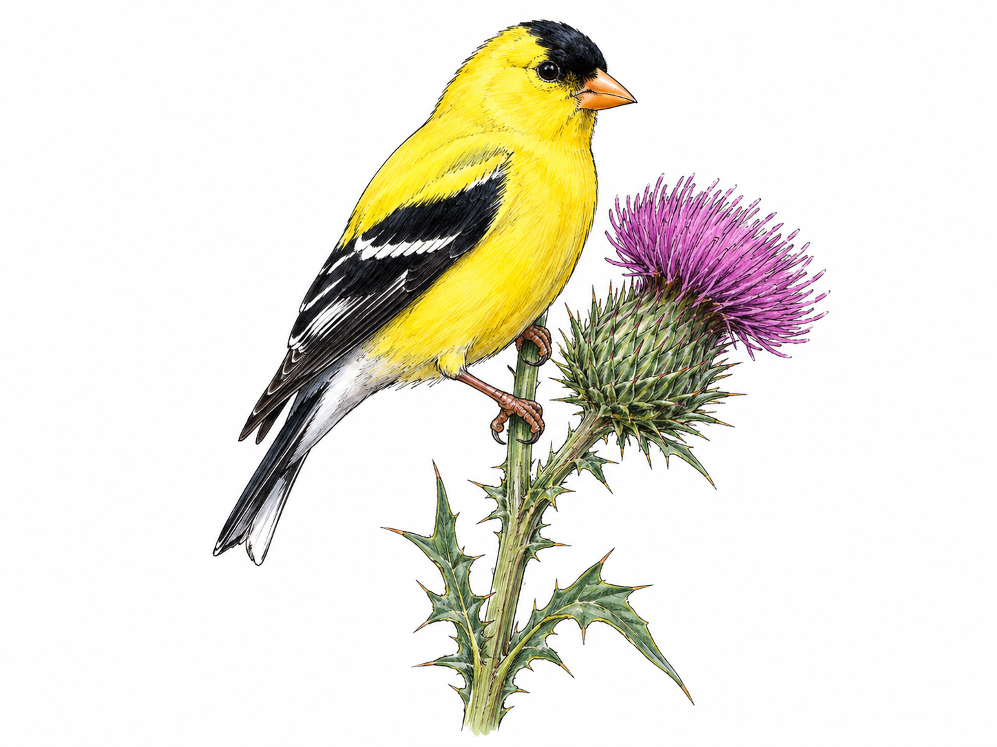 American goldfinch male in summer yellow plumage with black cap and black wings, small conical beak, perched on single thistle stem; white ground, no text.