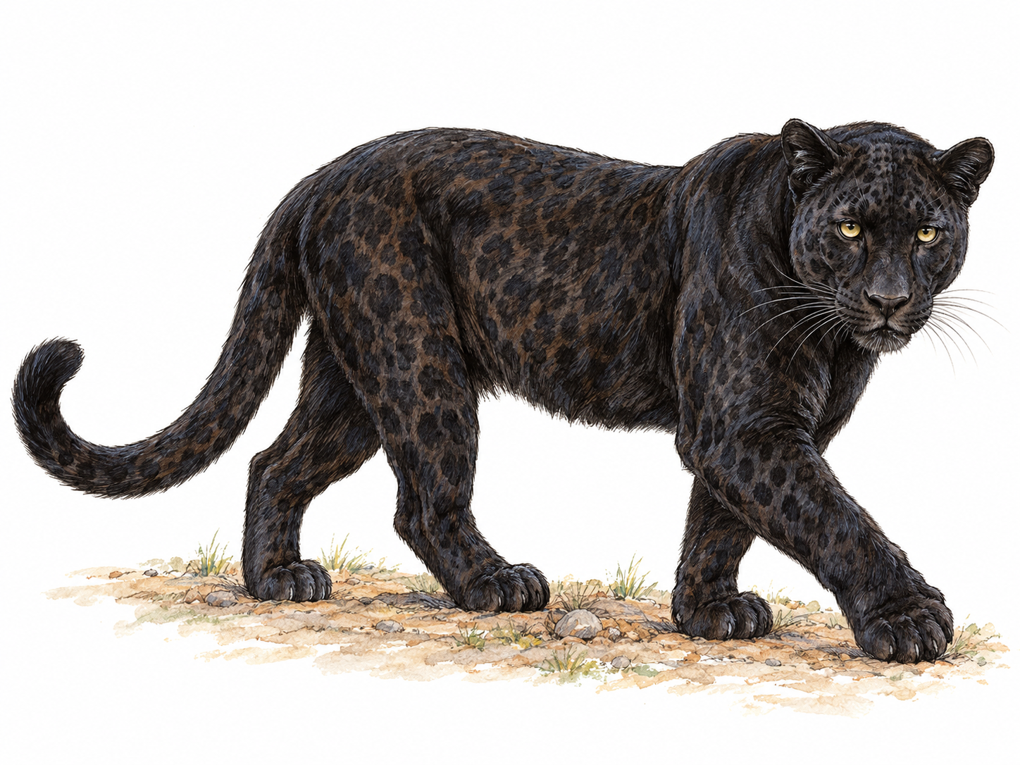 A single black panther, depicted accurately as a melanistic leopard, walking in profile with faint rosettes visible in its dark coat.