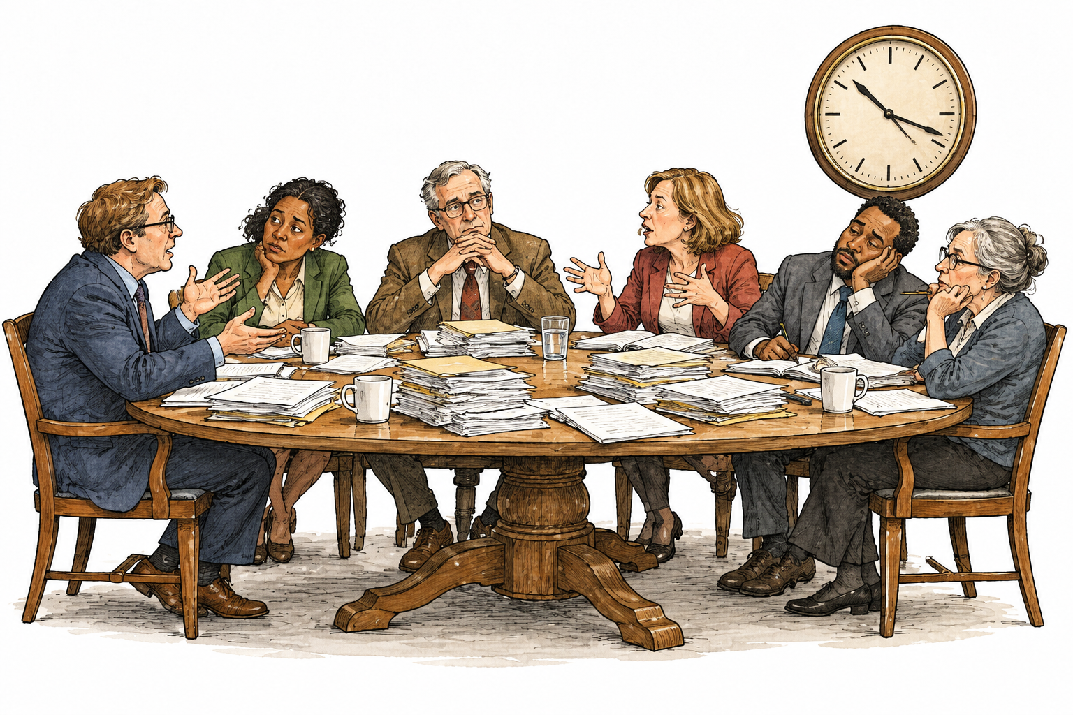 Committee members talk at length around a table with many papers, clock suggests prolonged fuss.