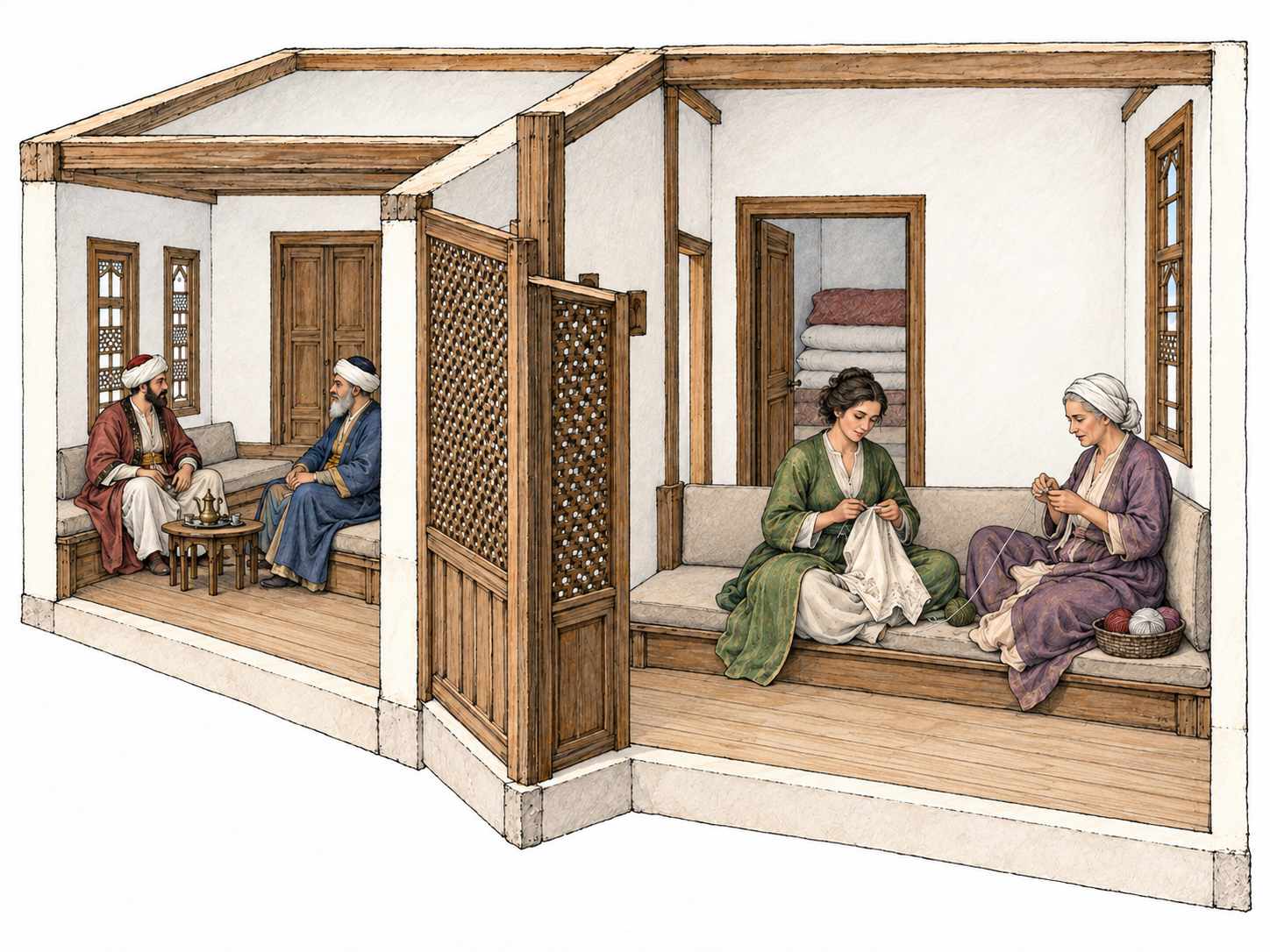 A compact cutaway of an Ottoman household distinguishes its screened inner women's quarters from its smaller outer reception room.