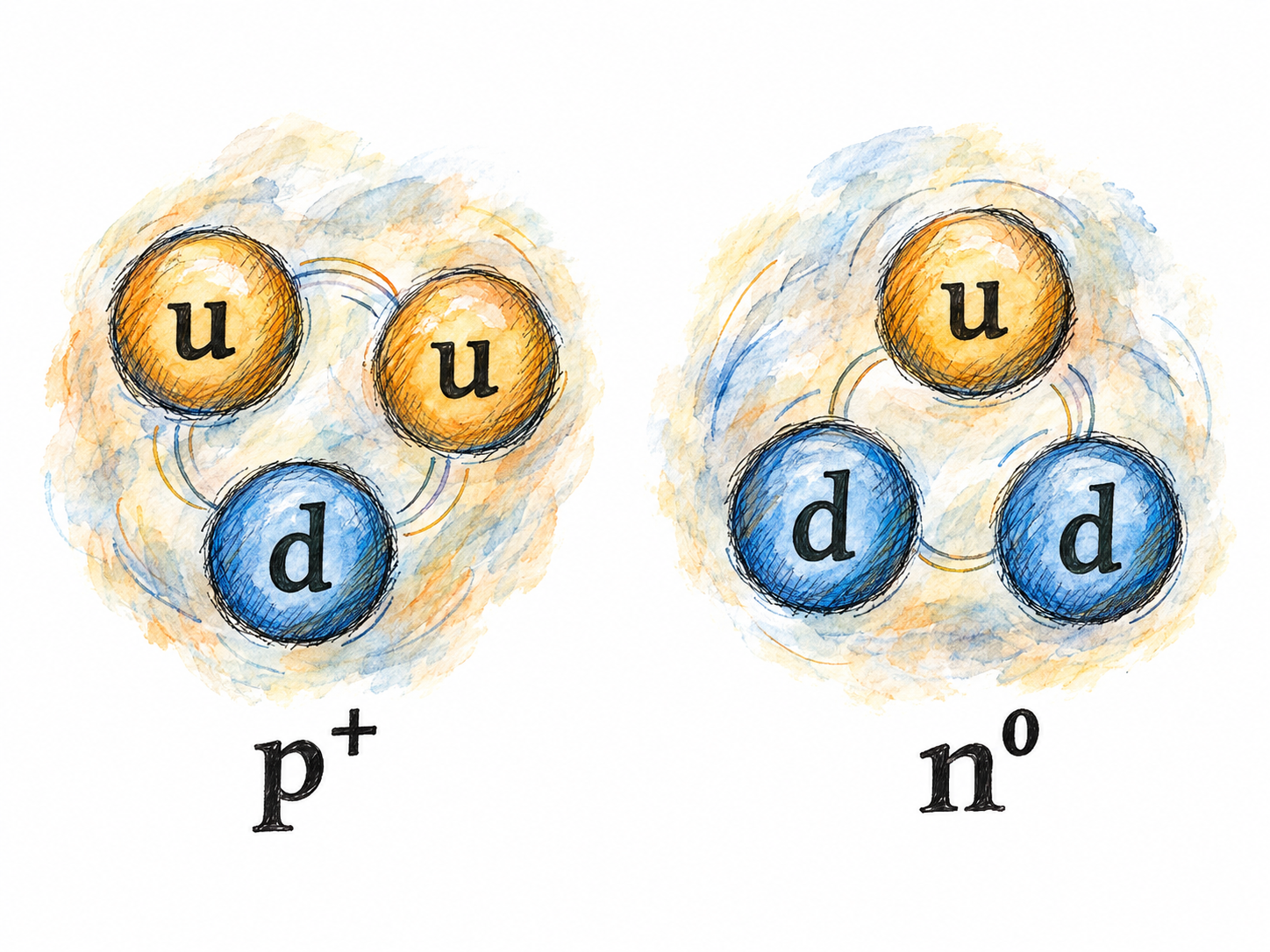 A compact scientific comparison showing the valence-quark composition of a proton and a neutron, using only indispensable particle symbols to distinguish quarks from generic clustered objects.