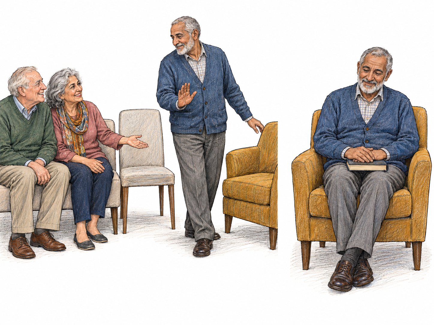 A compact two-moment sequence shows the same older man warmly declining an available place with friendly companions, then settling contentedly into solitary reflection nearby.