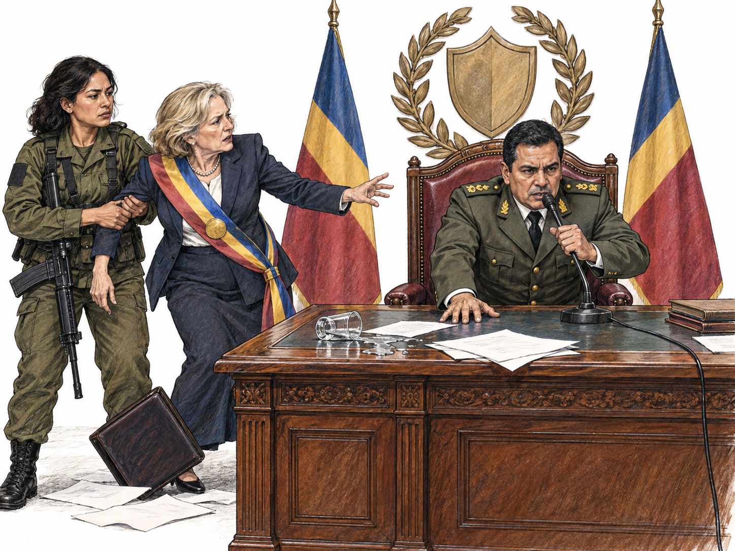 An armed military officer forcibly replaces a civilian national leader at the seat of government: he occupies the ceremonial executive chair and pulls the official microphone toward himself while a soldier restrains the displaced leader beside him.