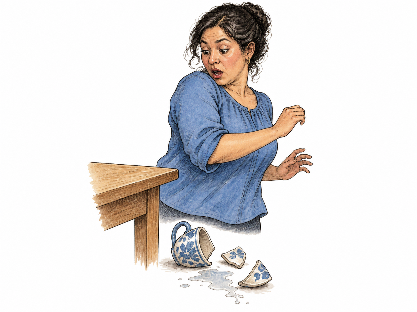 An adult accidentally brushes a ceramic mug off table with her elbow while turning; mug has just broken on the floor into three large pieces with a small water spill.