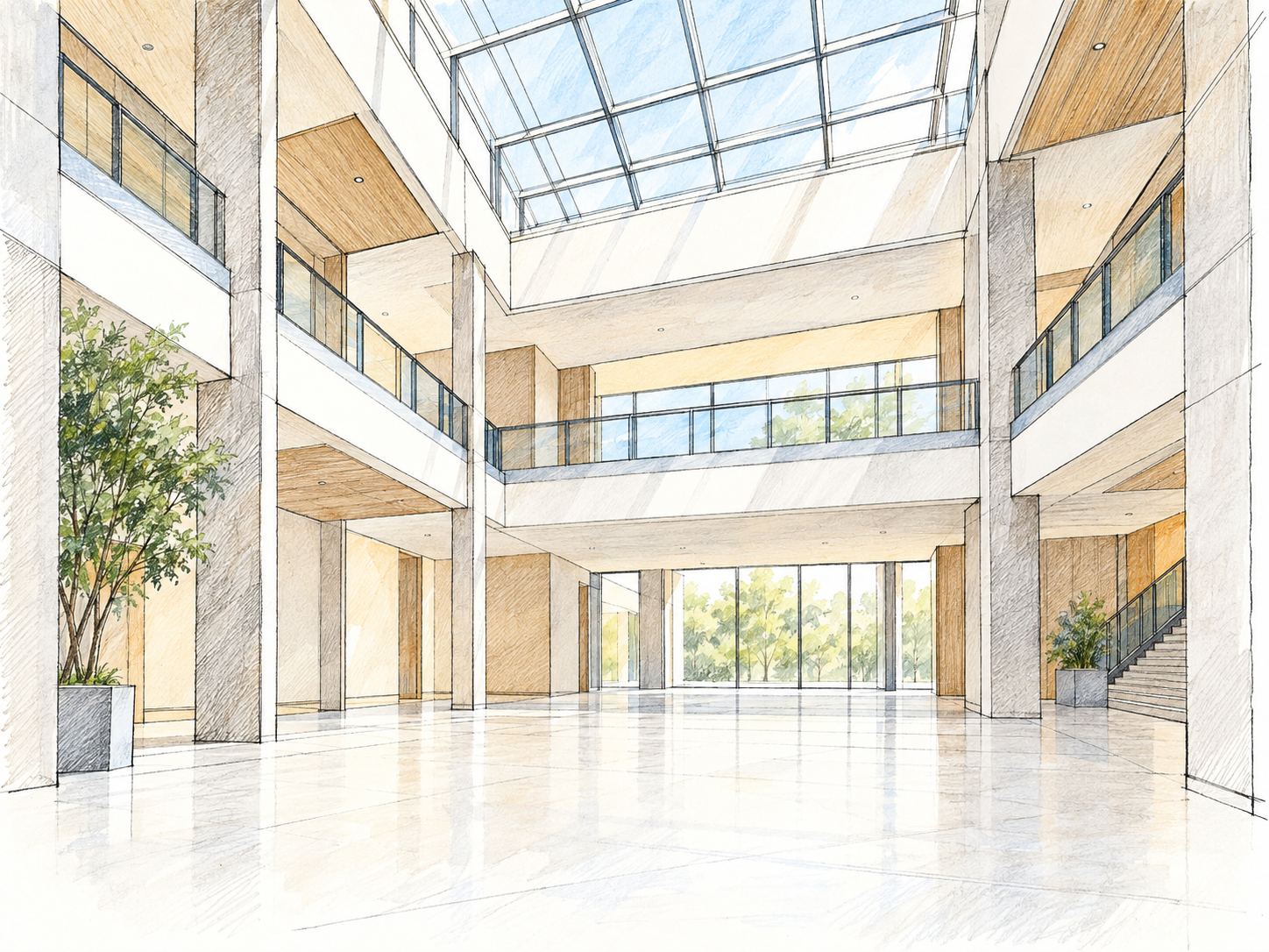 A simple architectural view of a modern building’s spacious open central atrium, with upper-floor galleries surrounding the central void and a glass skylight above.