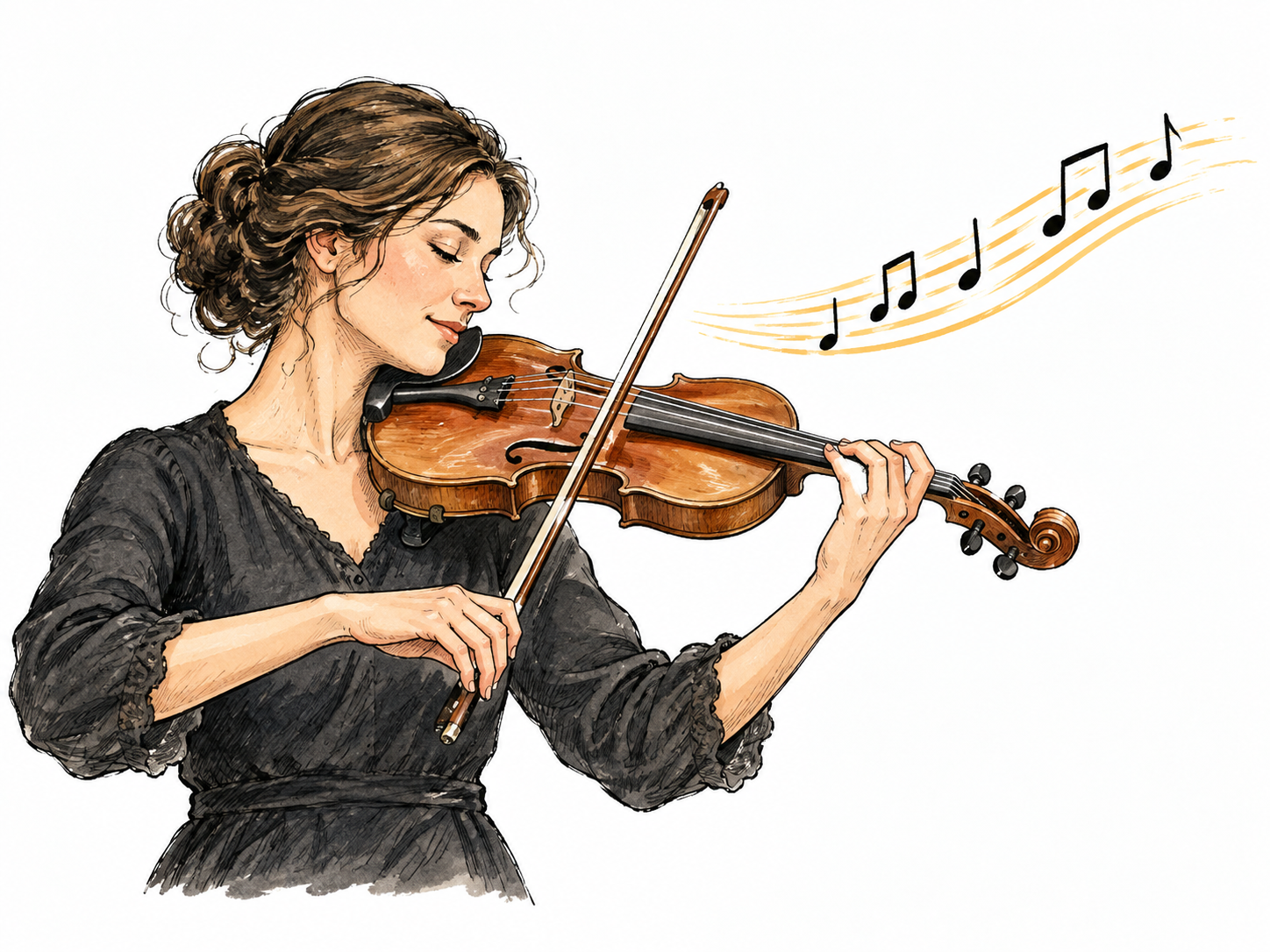 Violinist plays a flowing musical melody, natural instrument and bow posture.