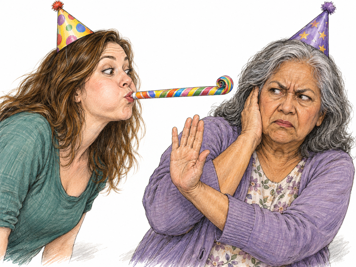 An intrusive party guest blows a paper party horn right beside another woman's ear; the irritated woman covers her ear and pushes the nuisance away.