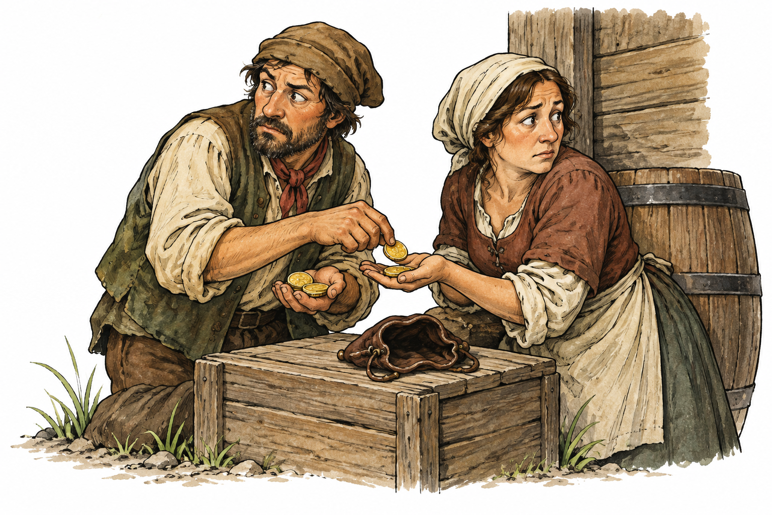 Two adults knowingly share ill-gotten coins behind a shop while glancing guiltily toward an empty purse, shared wrongdoing.