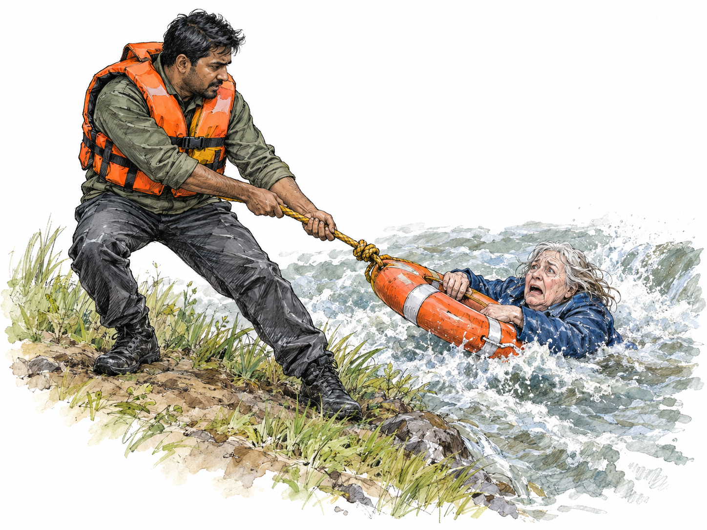 A rescue worker on a stable bank pulls a frightened adult out of fast floodwater using a life ring; the survivor grips the ring with both hands, face showing intense fear, as the worker braces backward on solid ground.