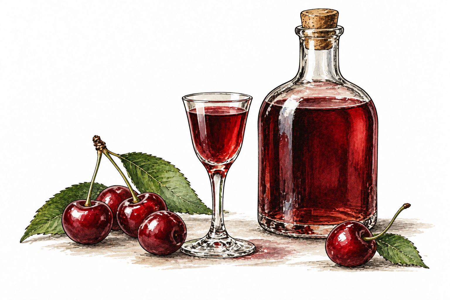 A small stemmed glass of rich cherry liqueur beside cherries and an unlabeled bottle, adult beverage still life.