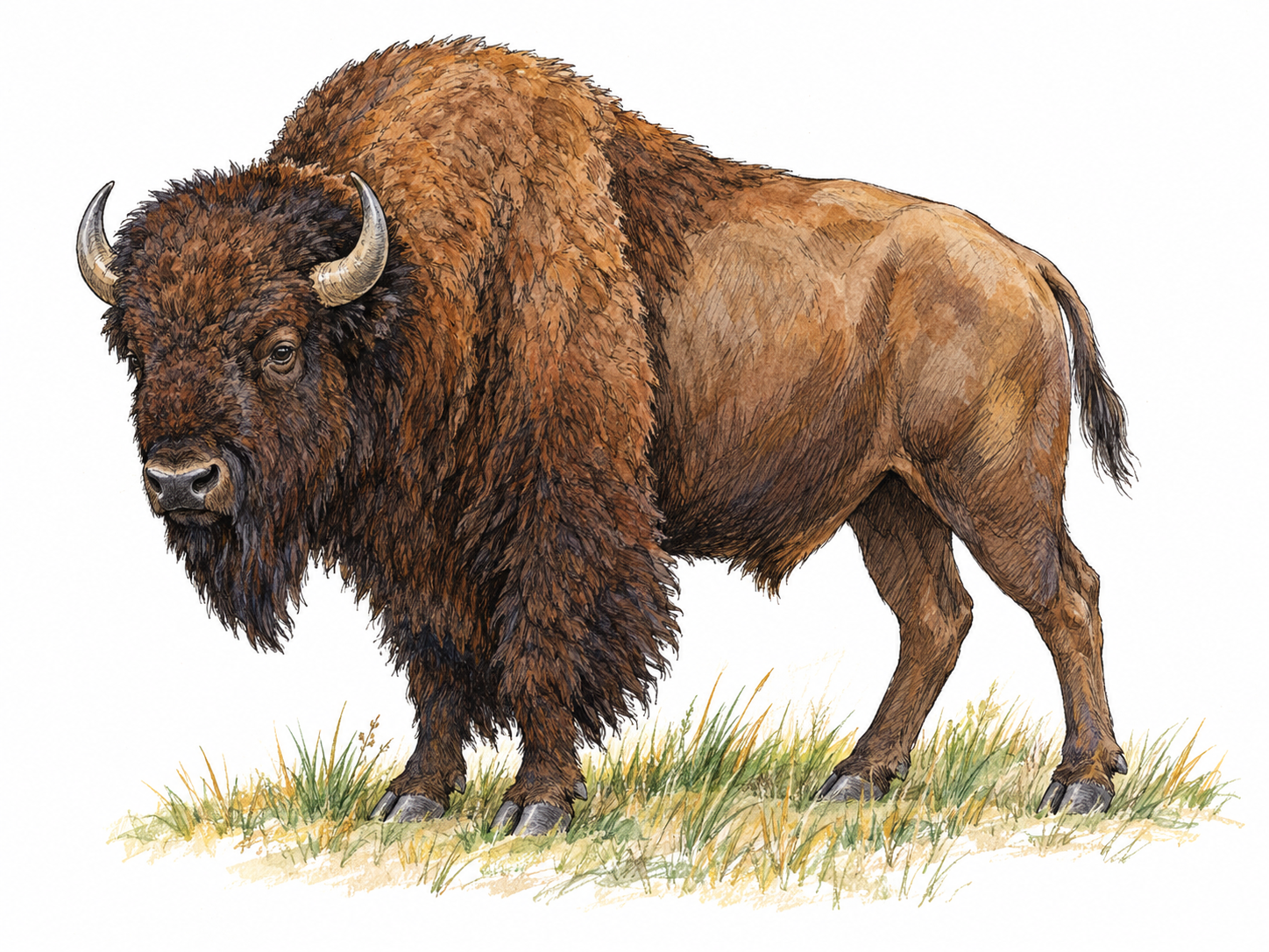 A single adult American bison standing in three-quarter side view, with its massive shoulder hump, shaggy forequarters, beard, short curved horns and smaller hindquarters clearly visible.