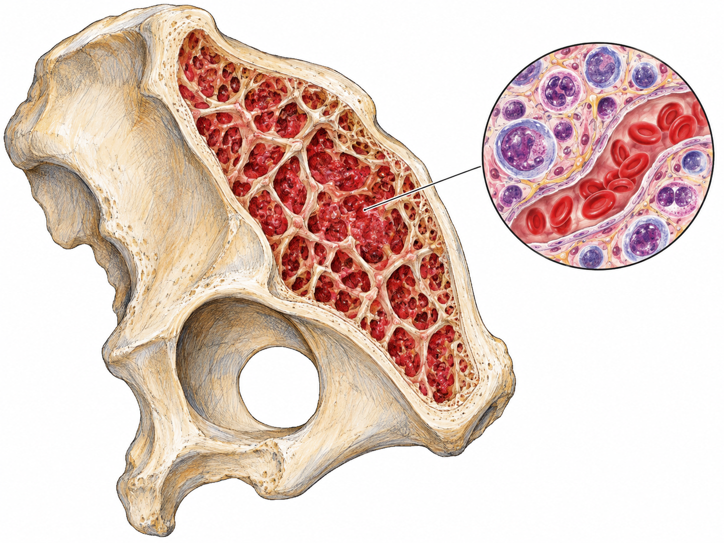 An anatomically credible cutaway of an adult human pelvic bone exposes red marrow within spongy bone, with one small circular magnified detail showing developing blood cells beside a marrow sinusoid.