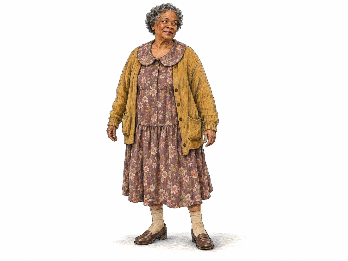 A contemporary older woman wearing an awkwardly coordinated, dated outfit: a shapeless floral dress, oversized sagging cardigan, thick ankle stockings, and clunky shoes.