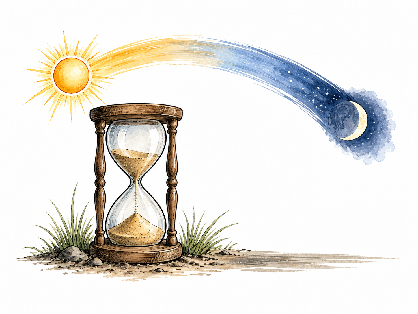 An hourglass beside a short sun-to-moon arc depicts a bounded span of time.