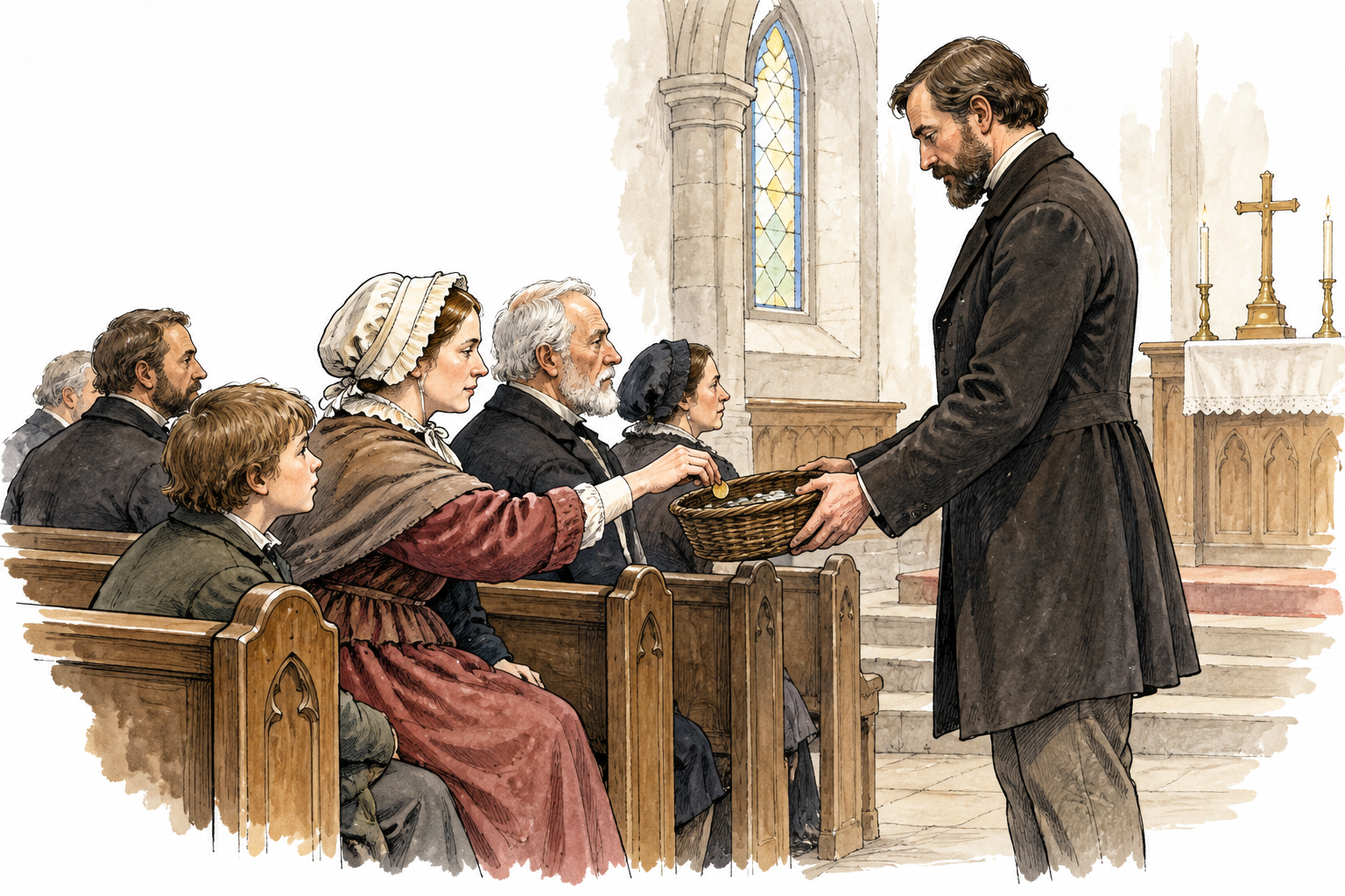 A historically grounded European church congregation passing a simple collection basket with coins during worship, respectful unlettered interior and period-consistent clothing, no printed pages or slogans.