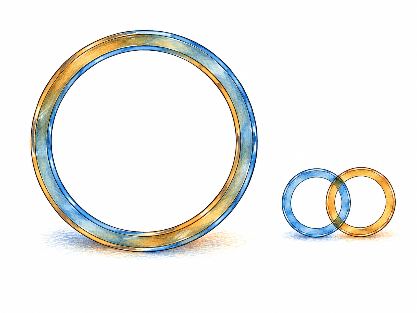 Two translucent circular rings, one blue and one amber, lie perfectly on top of one another, their centers and edges aligned; an unobtrusive small separated pair at the side makes exact overlap visible without labels.