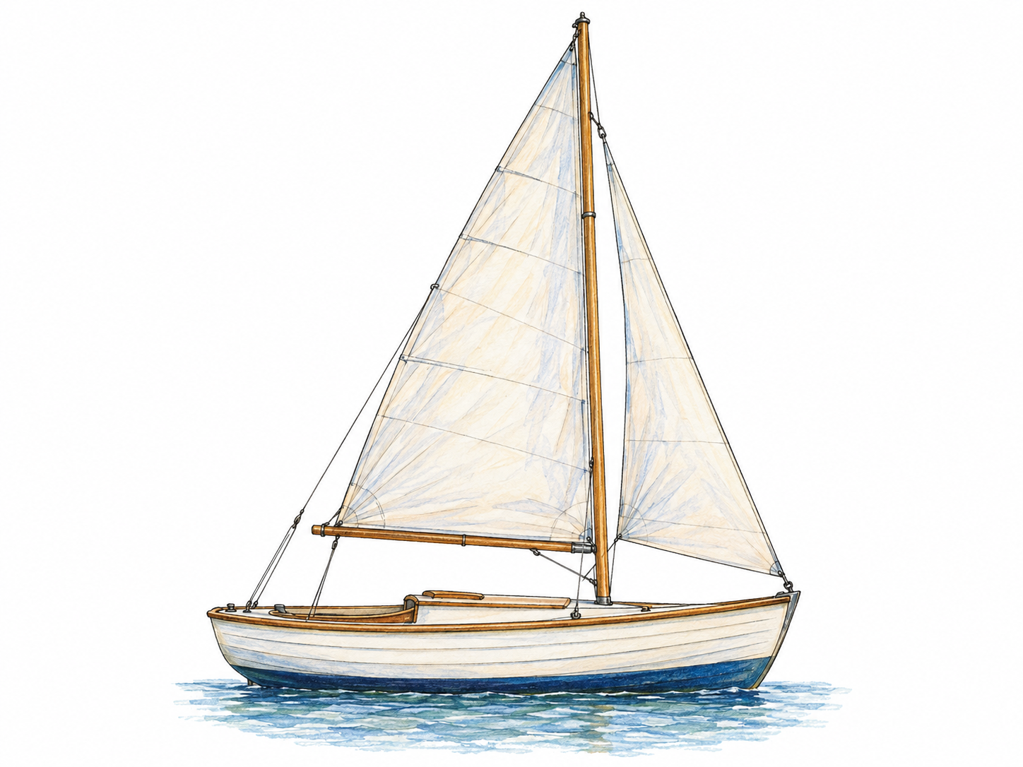 A small unoccupied sailboat shown in side view, with its tall upright mast clearly supporting a raised triangular sail.