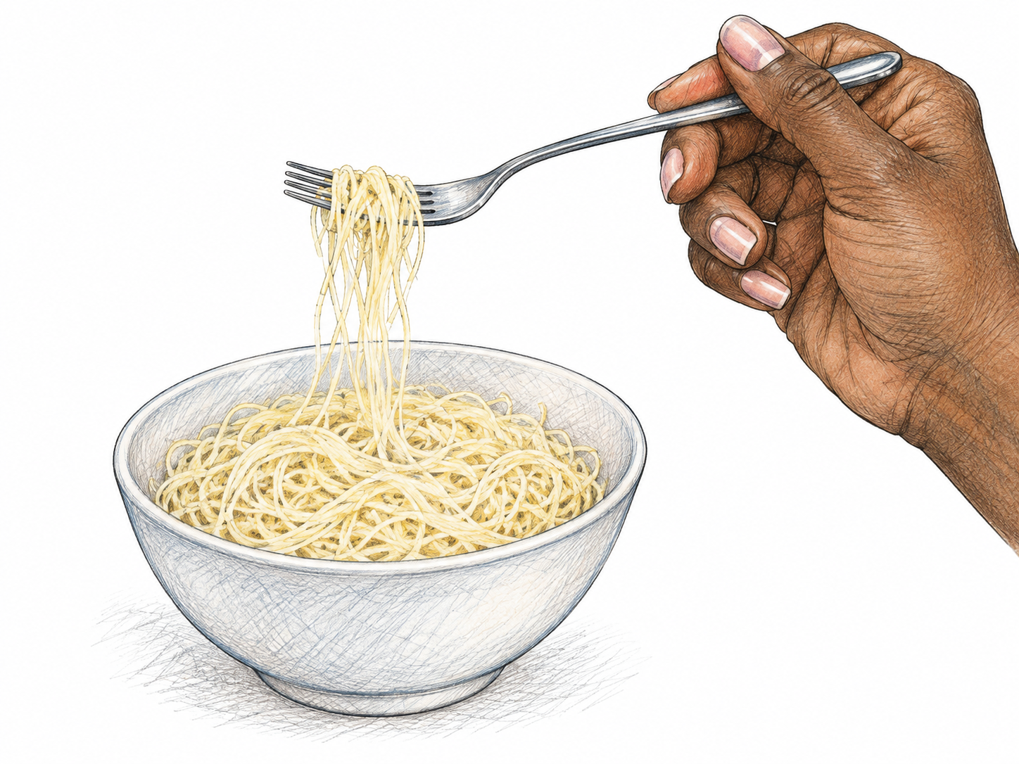 A small plain bowl contains very thin cooked vermicelli noodles, with a few fine strands lifted by a fork held by one hand; clearly thin strands and hand-drawn food, no text, garnish or brands.